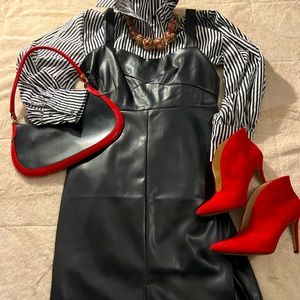 Curve-a-licious. Sassy, chic, faux leather little black dress.